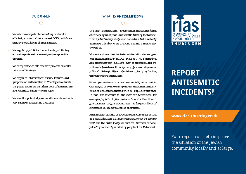 Flyer englisch RIAS Thüringen - Recherche- und Informationsstelle Antisemitismus, Institut für Demokratie und Zivilgesellschaft IDZ